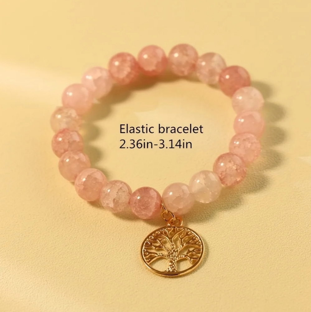 Pink Crystal Beaded Bracelet With Tree Of Life Shape Pendant. - Picture 5 of 6